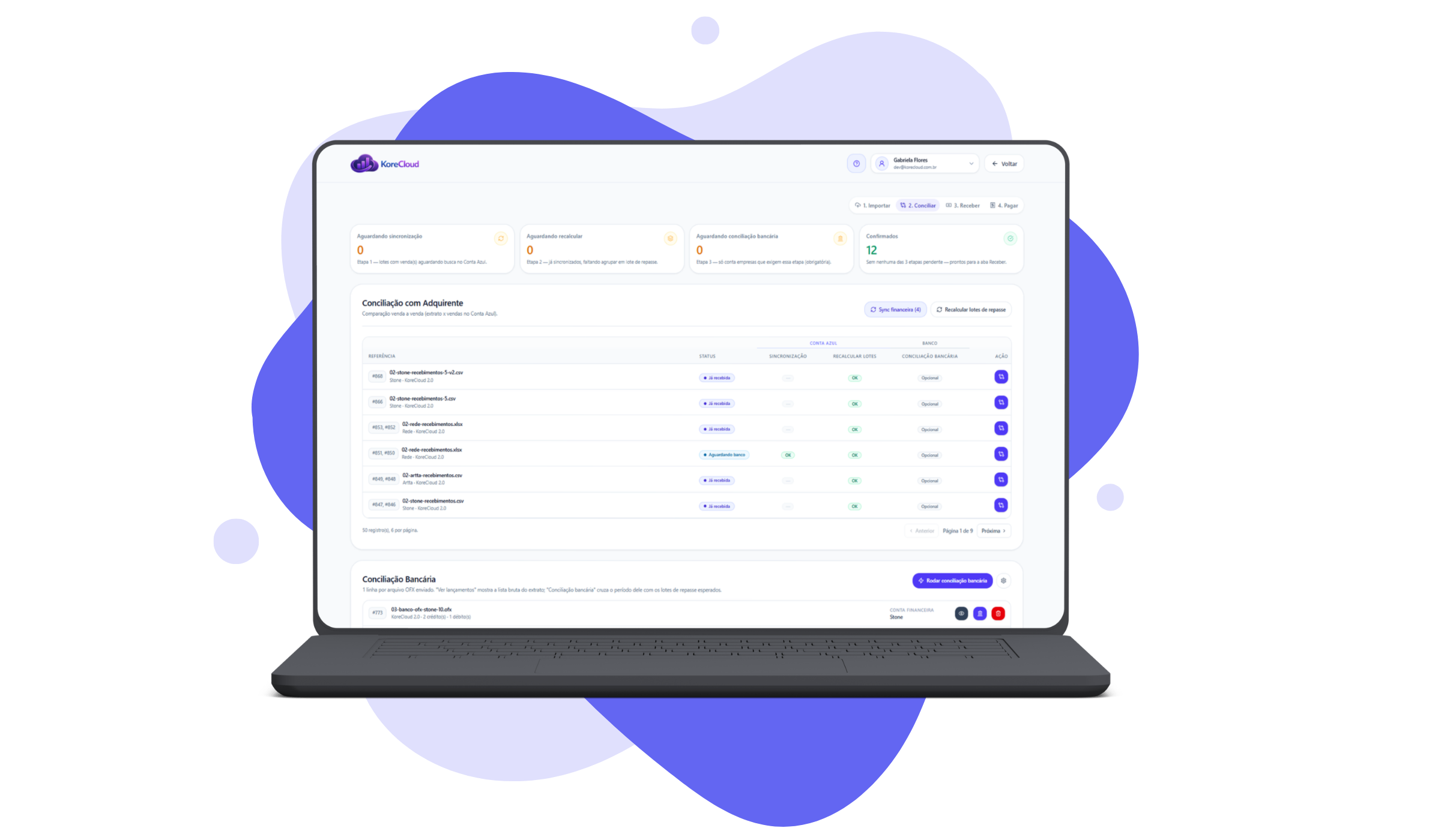 Notebook mostrando a conciliação com adquirente em conciliacao-completa.php, com o status de sincronização, recálculo e conciliação bancária de cada lote