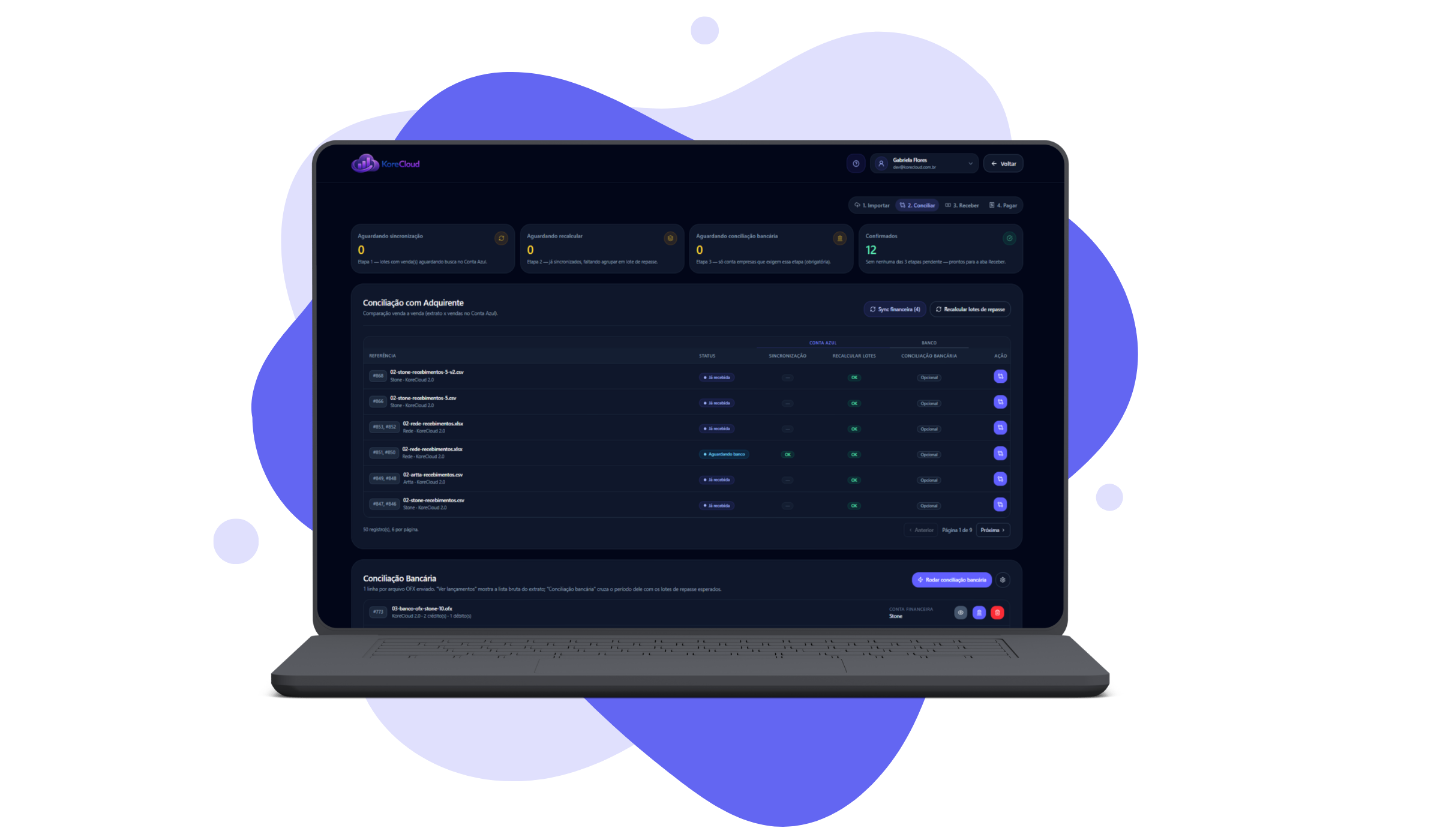 Notebook mostrando a conciliação com adquirente em conciliacao-completa.php, com o status de sincronização, recálculo e conciliação bancária de cada lote