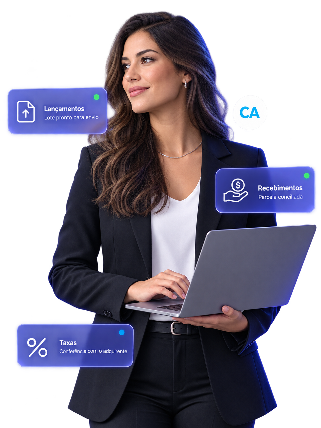 Ilustração de uma profissional operando um notebook, cercada por cards flutuantes representando lançamentos, recebimentos e taxas, com o badge de integração com o ERP financeiro conectado