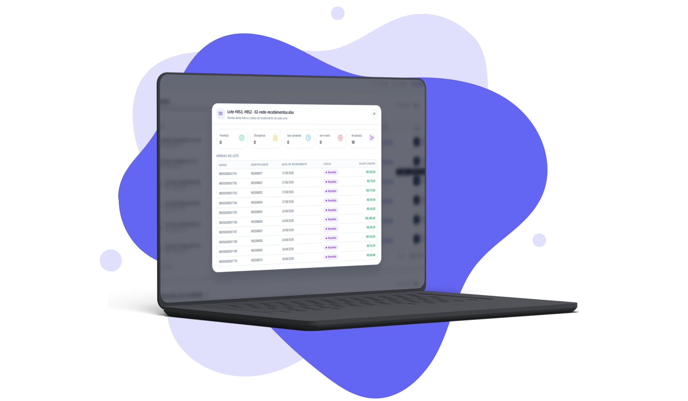 Notebook mostrando o modal de vendas do lote com o status de recebimento de cada parcela