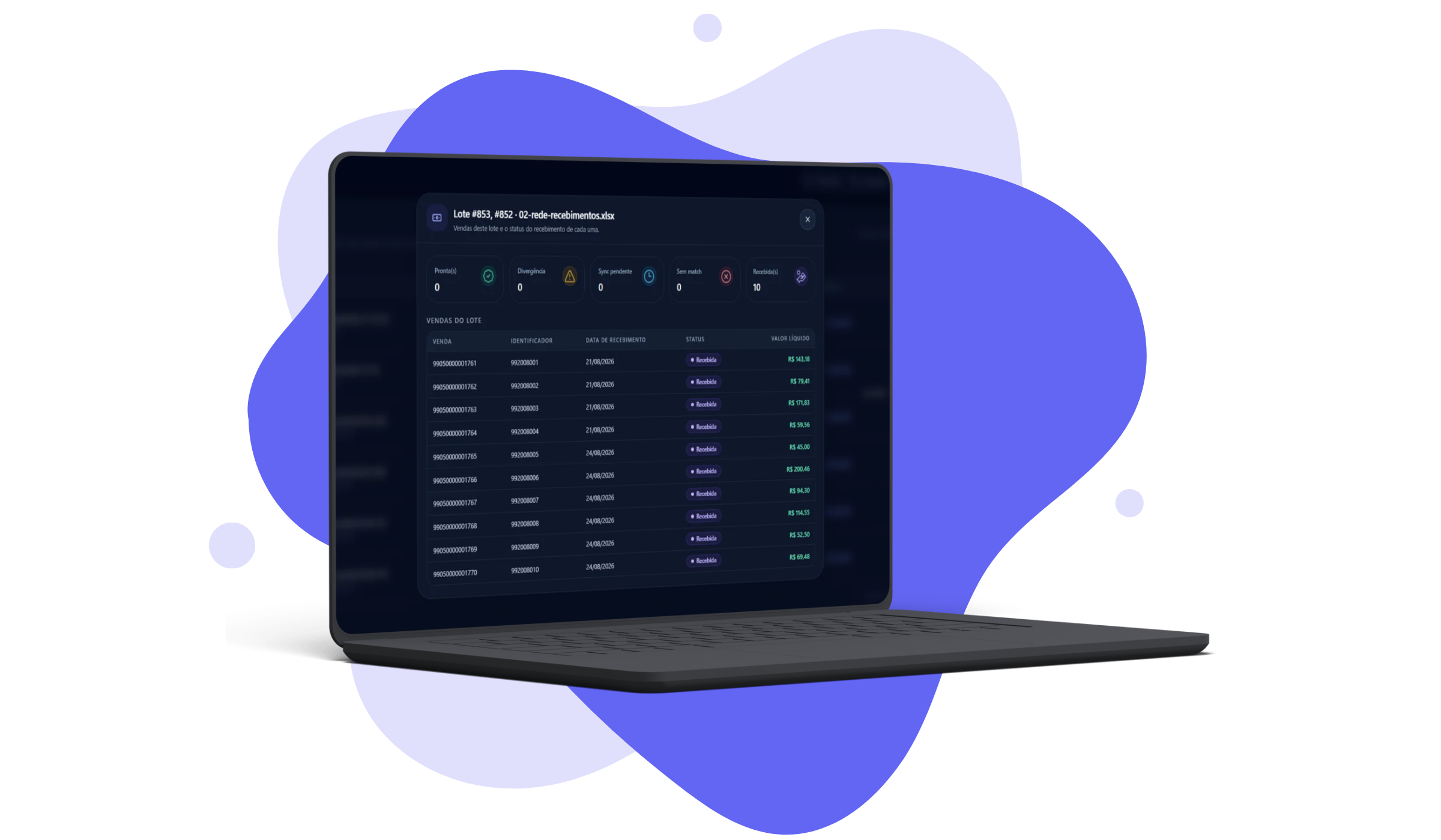 Notebook mostrando o modal de vendas do lote com o status de recebimento de cada parcela